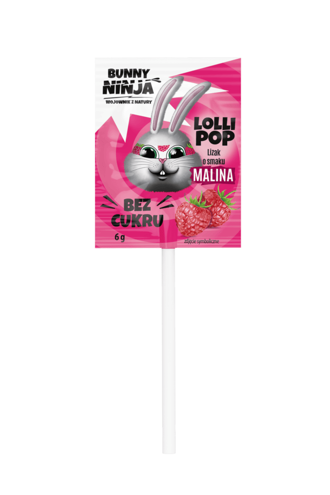 Lizak Lollipop Bunny Ninja bez cukru o smaku maliny.