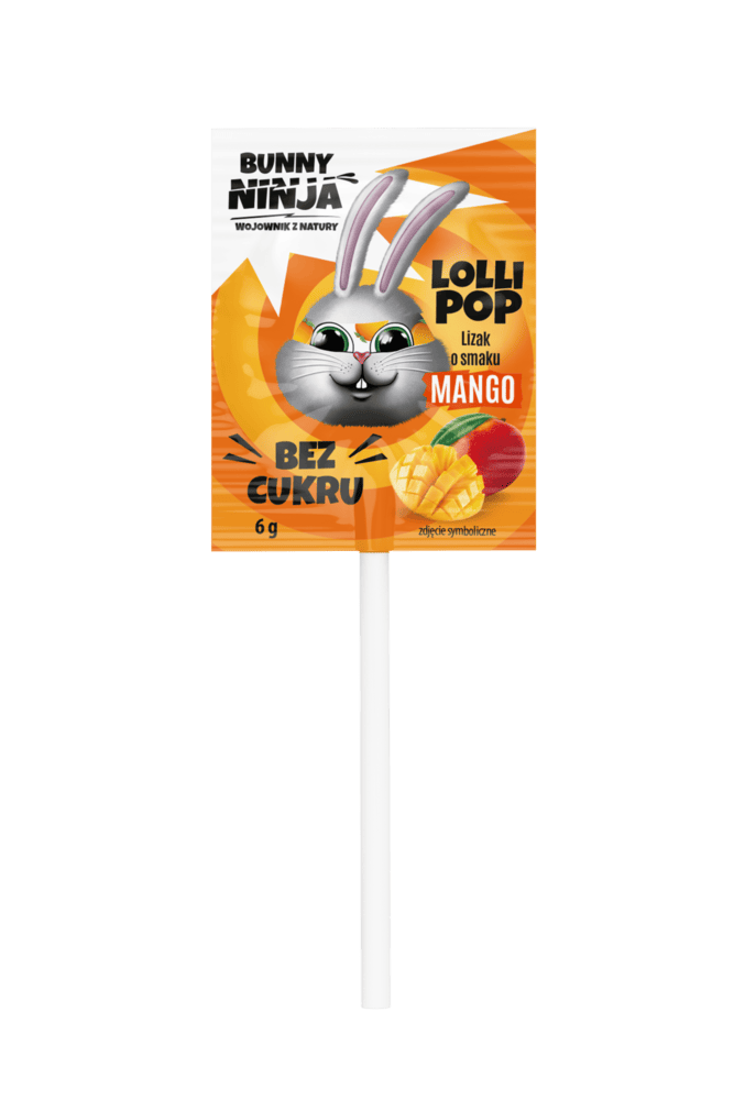 Lizak Lollipop Bunny Ninja bez cukru o smaku mango.