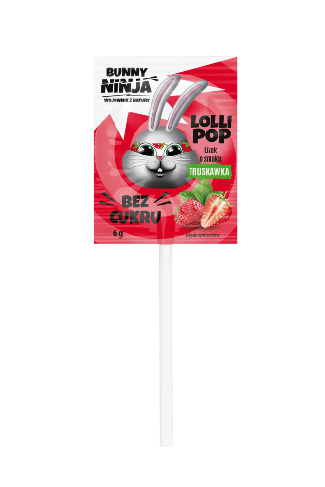 Lizak Lollipop Bunny Ninja bez cukru o smaku truskawki.