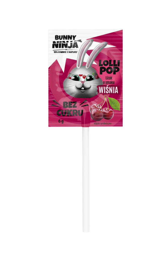 Lizak Lollipop Bunny Ninja bez cukru o smaku wiśni.