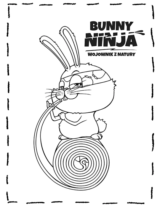 Kolorowanka dla dzieci królika Bunny Ninja jedzącego produkt marki Fruit Rolls.