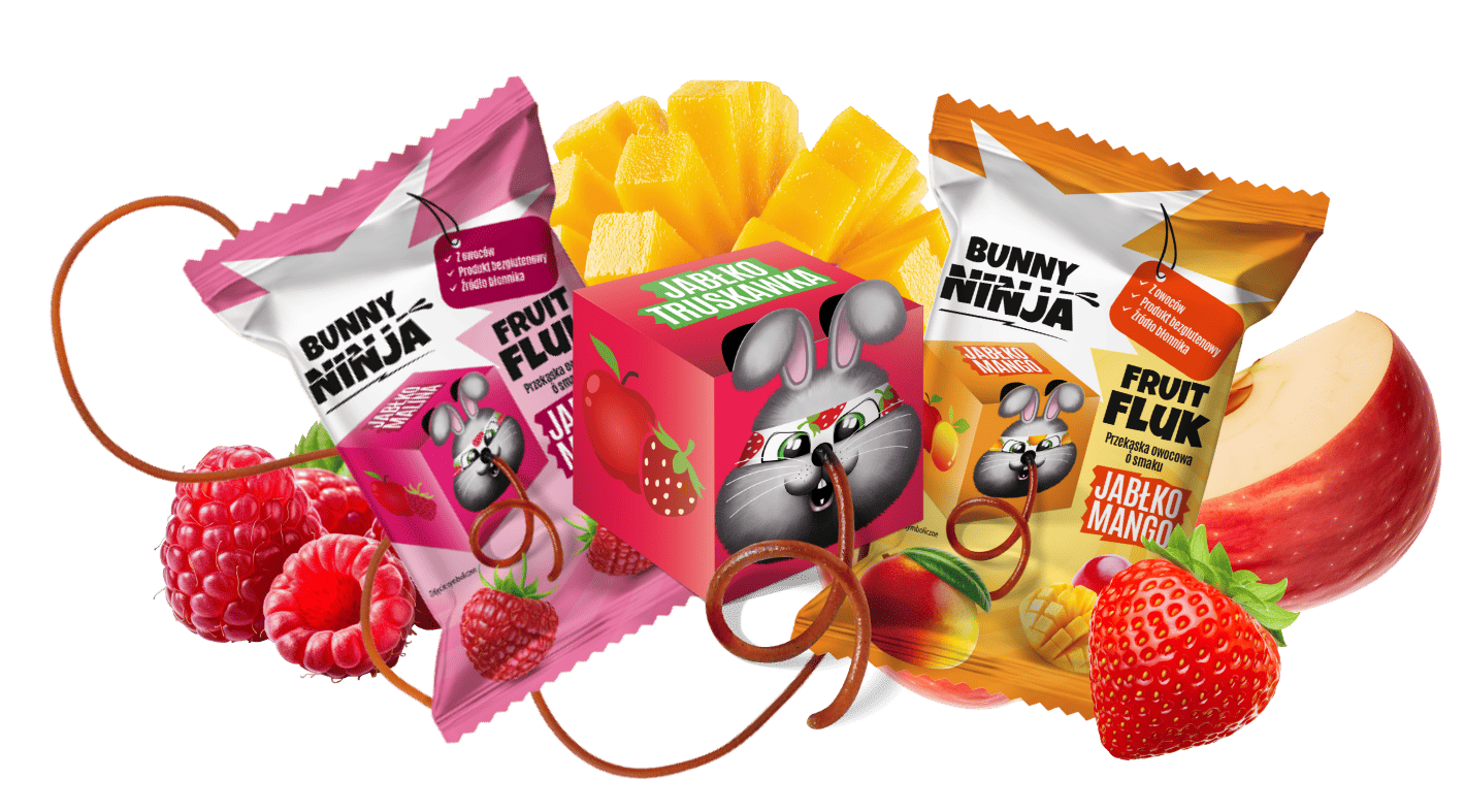 Przekąski dla dzieci Fruit Fluk Bunny Ninja o różnych smakach.