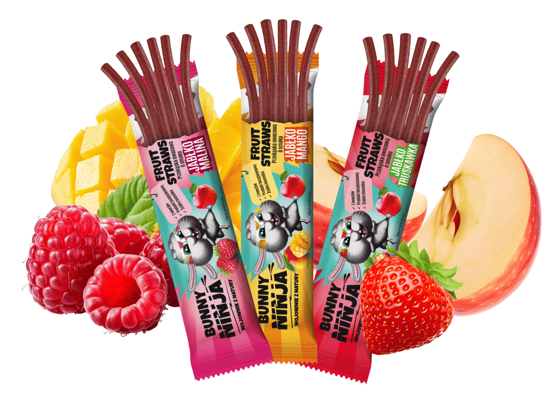Przekąski dla dzieci Bunny Ninja Fruit straws o różnych smakach.