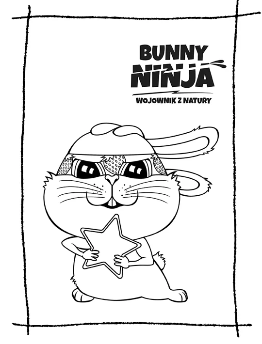Kolorowanka dla dzieci królika Bunny Ninja i gwiazdy.