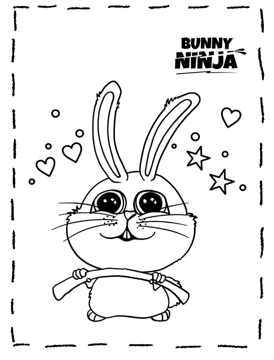 Kolorowanka dla dzieci przedstawiająca królika Bunny Ninja i serduszka wokół