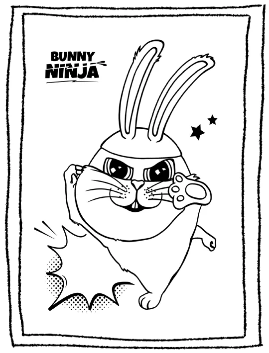 Kolorowanka dla dzieci przedstawiająca królika Bunny Ninja wyprowadzającego cios karate.