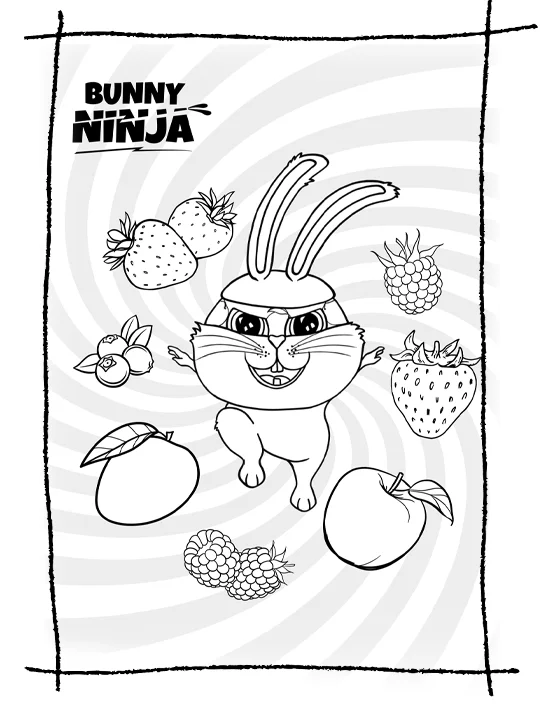 Kolorowanka dla dzieci przedstawiająca królika Bunny Ninja i owoce wokół.
